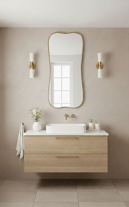 Belle Curve rectangle mirror styled in soft neutral bathroom