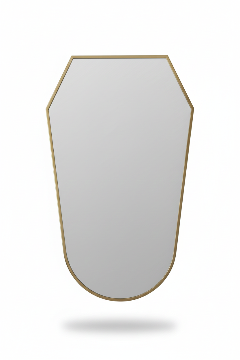 Handmade rounded shield mirror with slim brass frame on white background