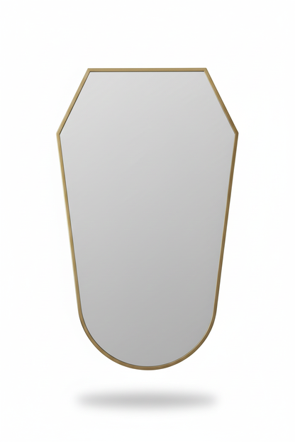 Handmade rounded shield mirror with slim brass frame on white background
