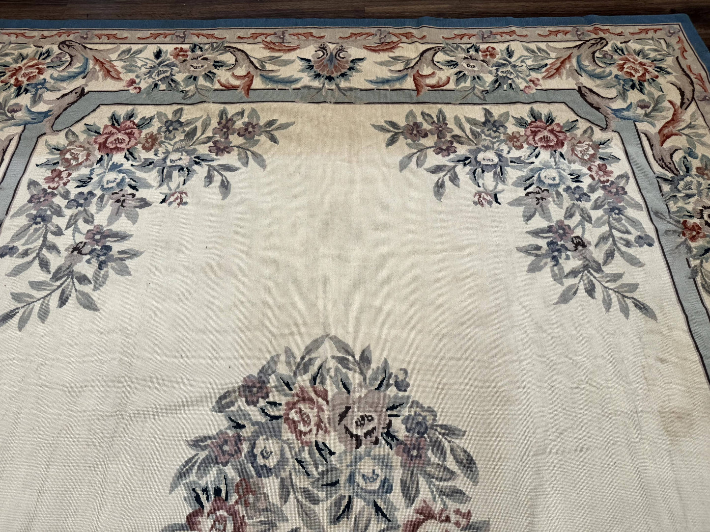 Ivory Needlepoint Rug 8x10, Wool Handmade Carpet