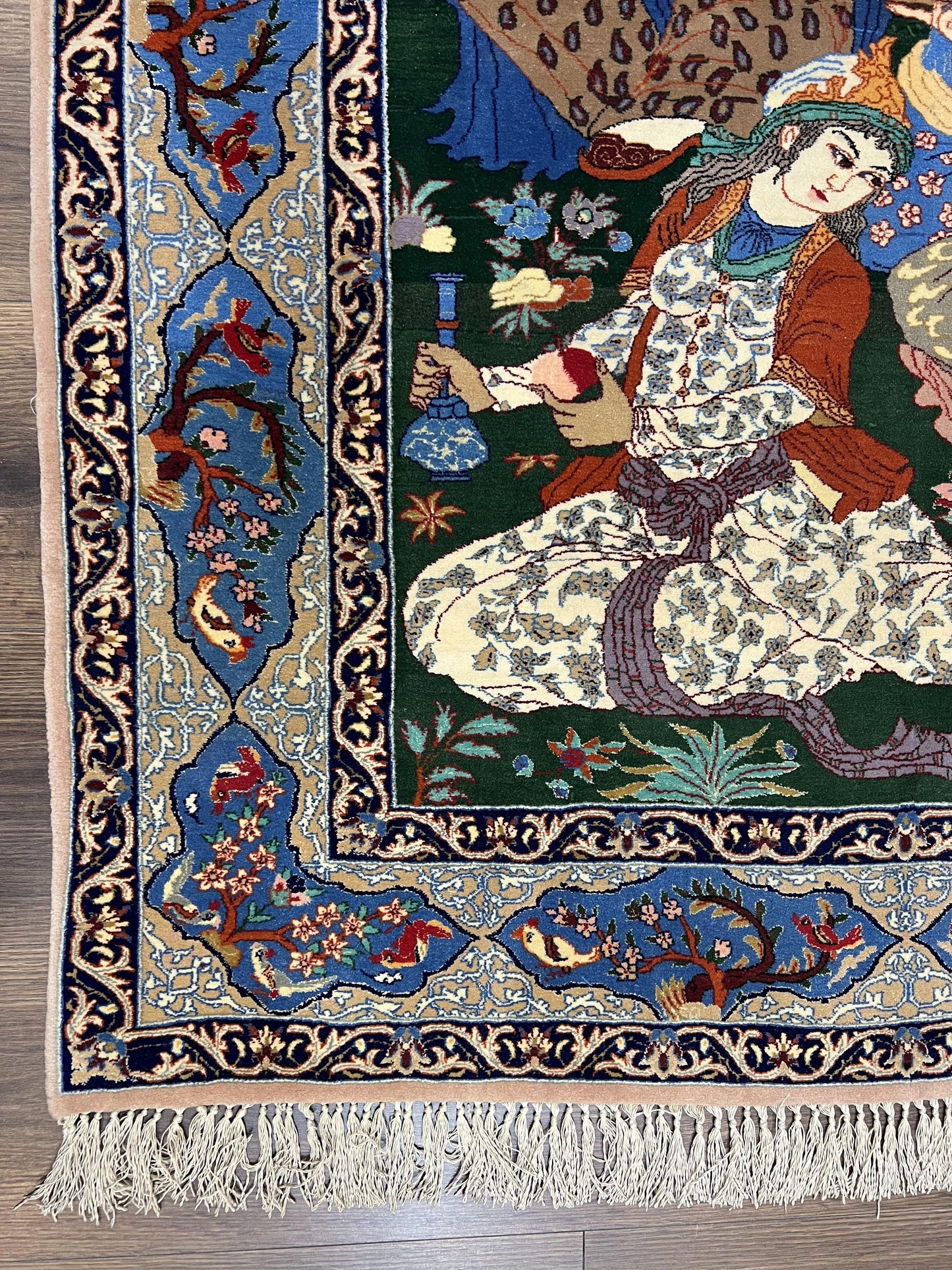 Fine Persian Isfahan Pictorial Rug 3.7 x 5, Kork Wool on Silk Foundation, Blue Persian Carpet, Hand Knotted, Humans Birds, High KPSI, Semi Antique