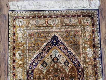 Semi Antique Persian Qum Silk Prayer Rug, Silk, Hand-Knotted, 3'6" x 5'