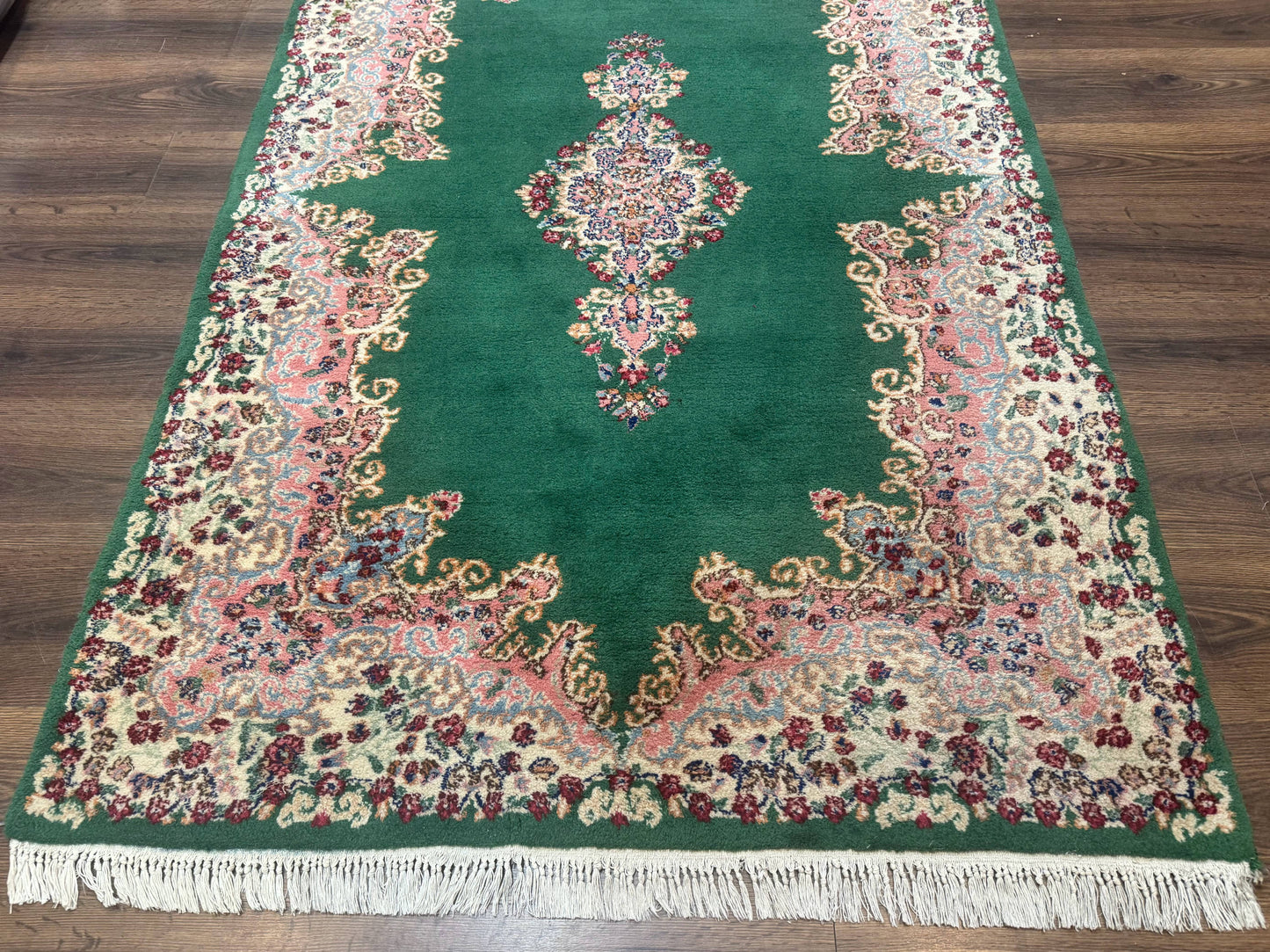 Green Persian Kerman Rug 4x6 Vintage Semi Open Field With Cream Borders