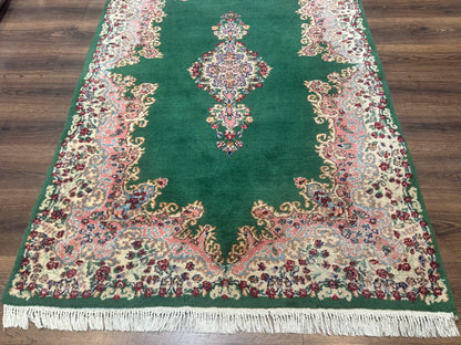 Green Persian Kerman Rug 4x6 Vintage Semi Open Field With Cream Borders
