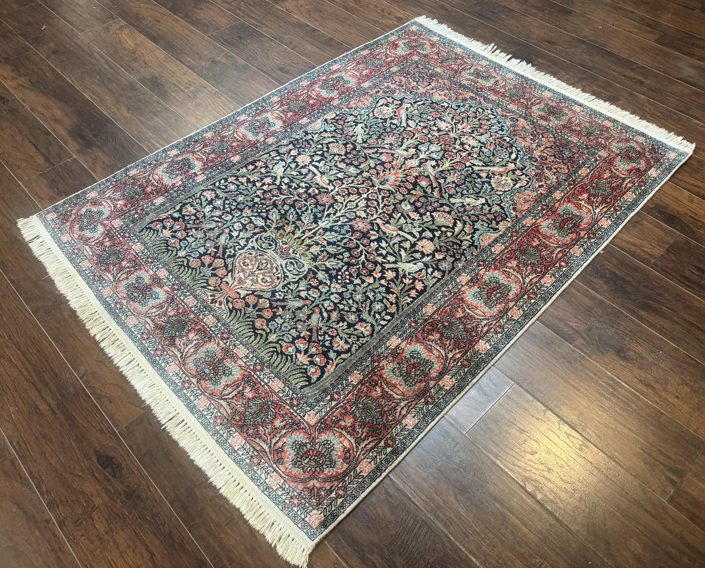 Kashmiri Silk Rug 4x6 Tree Of Life Birds Handmade Navy Red Oriental Carpet