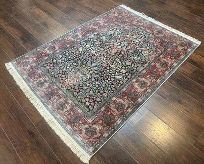 Kashmiri Silk Rug 4x6 Tree Of Life Birds Handmade Navy Red Oriental Carpet