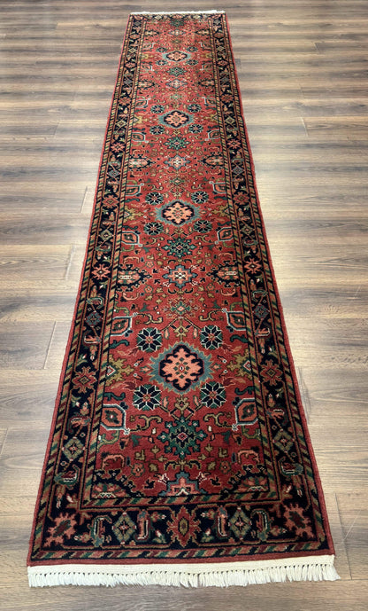 Indo Persian Heriz Runner Rug 2 x 12 ft, Hand Knotted Wool Hallway Rug, Red & Black