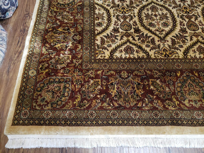 Vintage Indo Persian Area Rug 9x12, Wool Hand-Knotted Ivory & Dark Red Oriental Carpet, Fine Weave 9 x 12 Indian Rug, Dining Room Rug