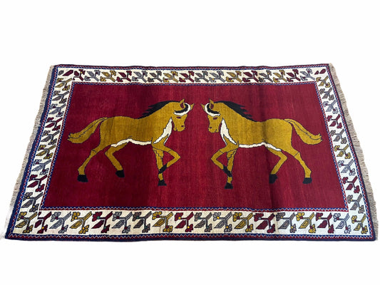 Handmade Hand Knotted Wool Rug Gabbeh 4x7 Horses Zagros Red Mustard Gold New