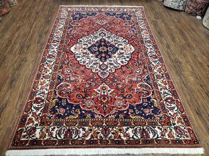 Semi Antique Persian Bakhtiari Rug, Hand-Knotted, Wool, Red, Midnight Blue, Ivory, Floral Medallion, 5'1" x 8' 6"