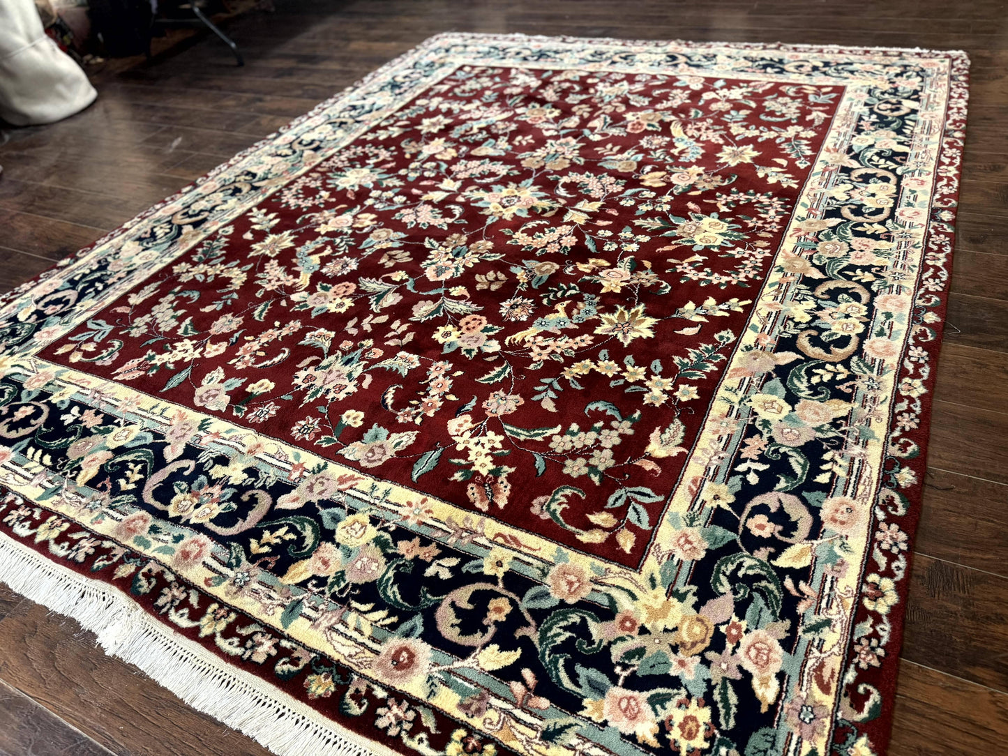 Indo Persian Rug 8x10 Handmade Wool With Floral Bird Pictorials In Maroon And Navy