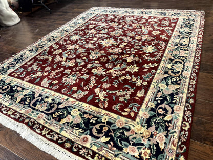 Indo Persian Rug 8x10 Handmade Wool With Floral Bird Pictorials In Maroon And Navy