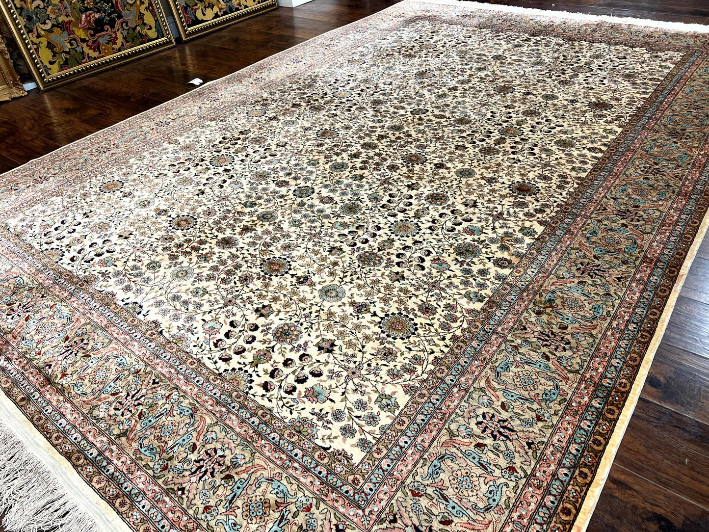 Hereke Silk Rug Vintage 8x12 Handmade Ivory Cream Floral Pattern Pile