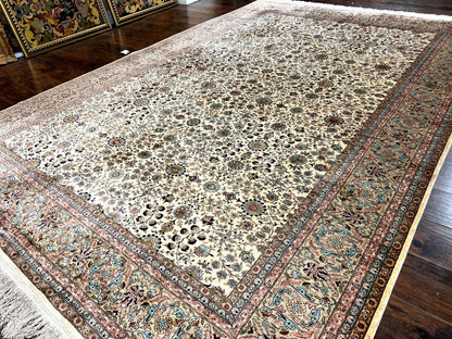 Hereke Silk Rug Vintage 8x12 Handmade Ivory Cream Floral Pattern Pile