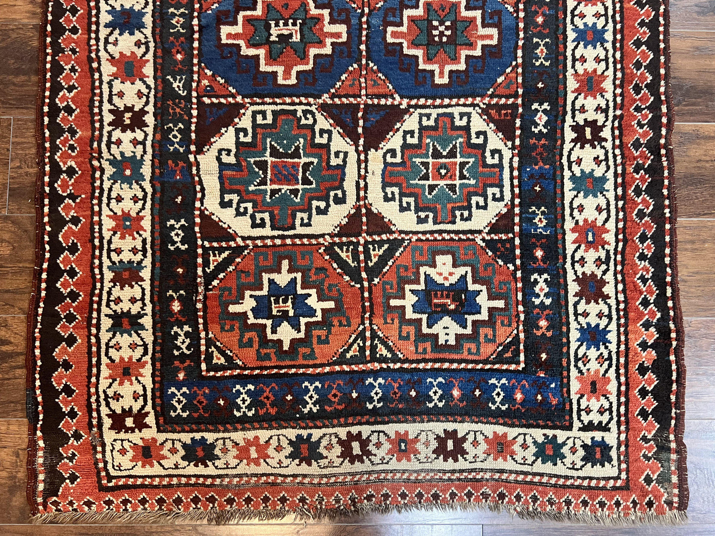 Antique Caucasian Kazak Runner Rug 4 x 9.5, Handmade Wool Rug for Hallway, Rare Colorful Panel Design Mid 19th Century 1870s Oriental Carpet