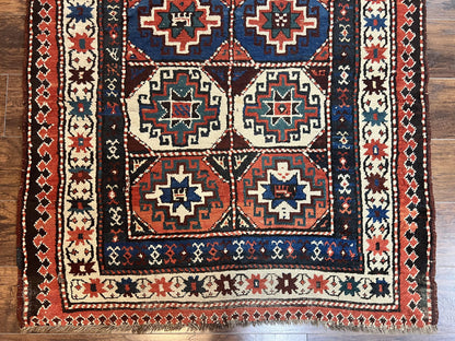 Antique Caucasian Kazak Runner Rug 4 x 9.5, Handmade Wool Rug for Hallway, Rare Colorful Panel Design Mid 19th Century 1870s Oriental Carpet