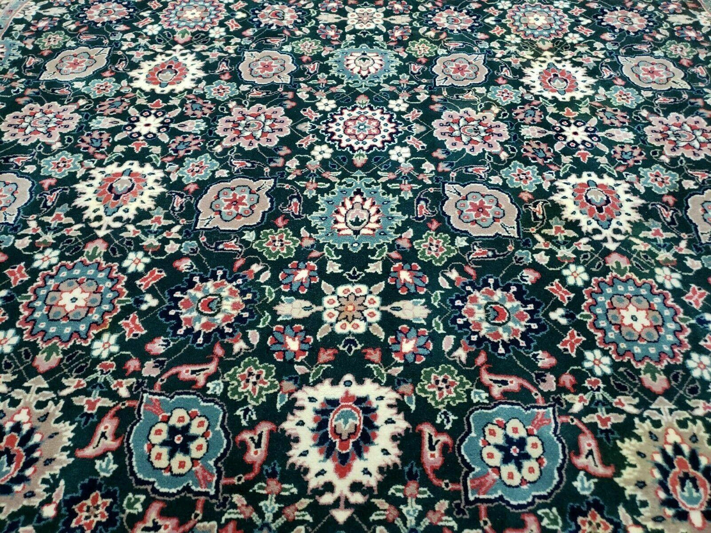 Handmade Indian Wool Rug 8x10 Vintage 1980s Oriental Floral Forest Green Organic Dye