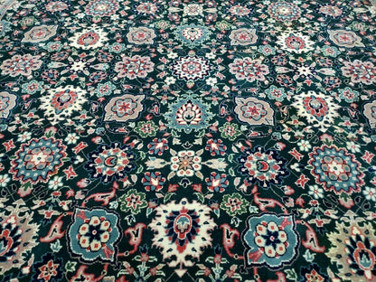 Handmade Indian Wool Rug 8x10 Vintage 1980s Oriental Floral Forest Green Organic Dye