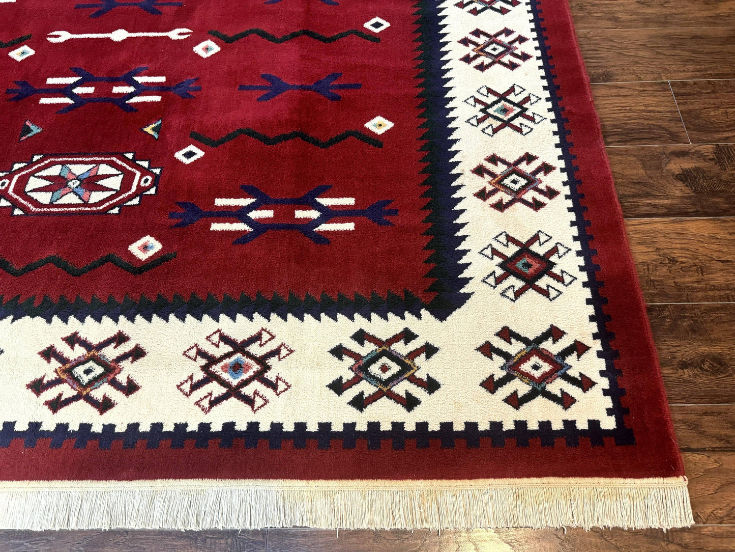 Power Loomed Navajo Area Rug 8x11 Dark Red Ivory Bohemian Tribal Design