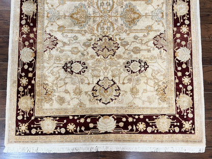 Peshawar Rug 5x7, Beige and Maroon, Vintage Handmade Wool Traditional Carpet 5 x 7 ft, Pakistani Rug, Agra Pattern, Very Fine 260 KPSI