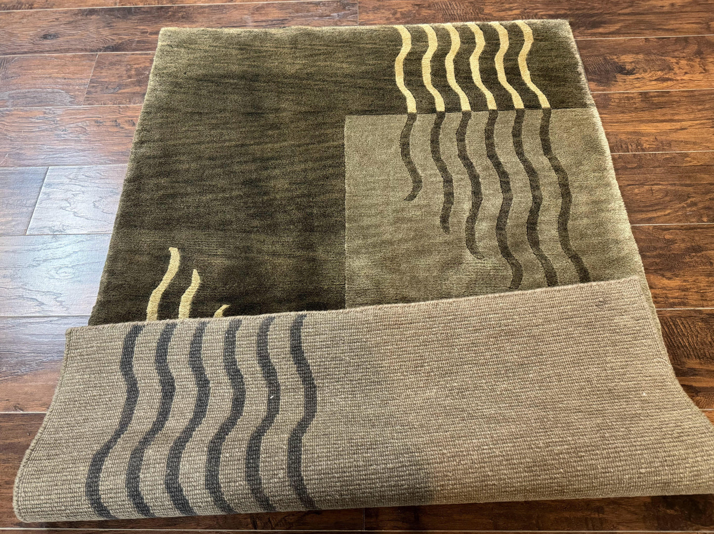 Modern Tibetan Wool Rug 3.6 x 5.6, Shades of Green, Abstract Design