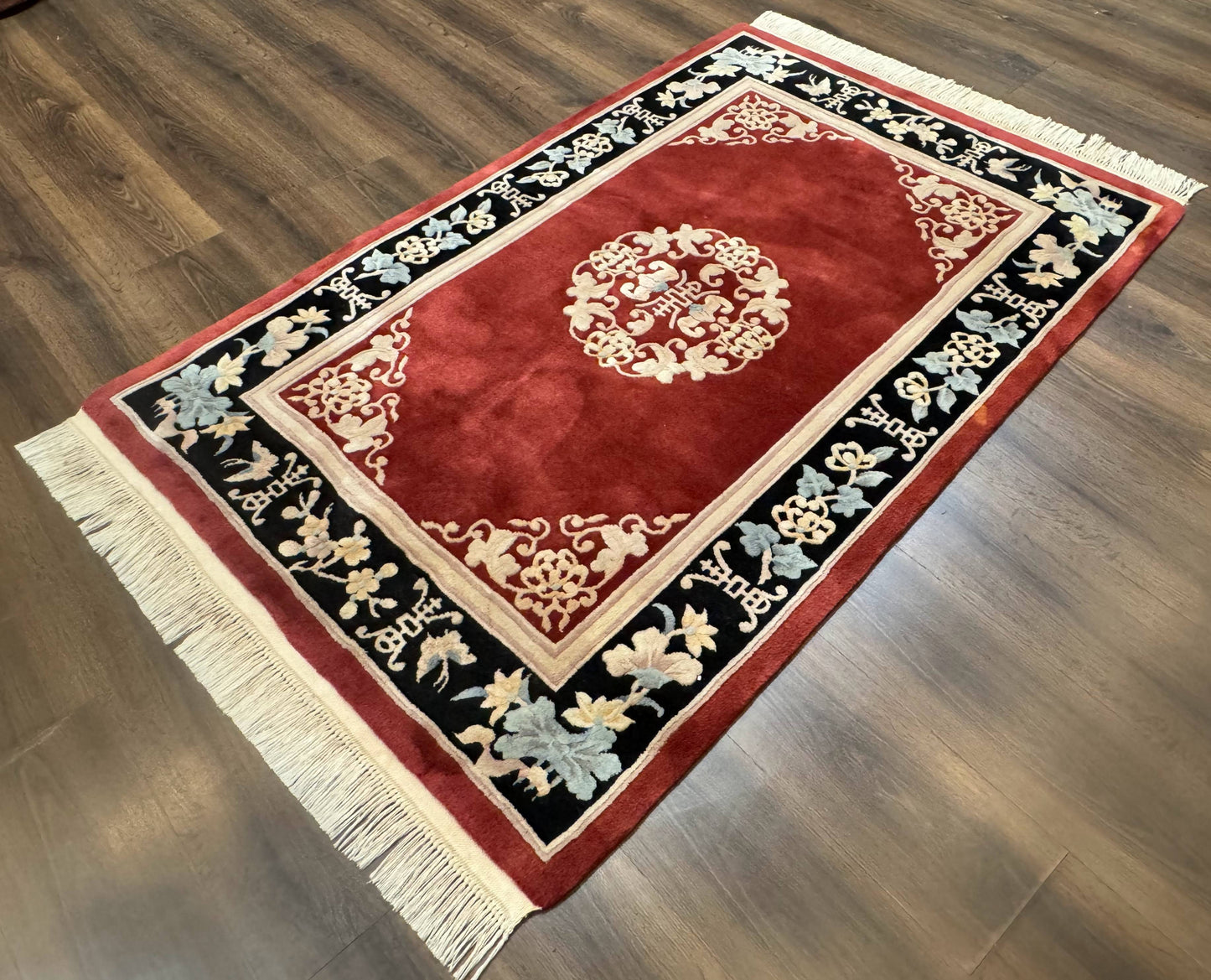 Chinese Wool Rug Handmade 4x6 Dark Red 90 Line Carving Hand Knotted