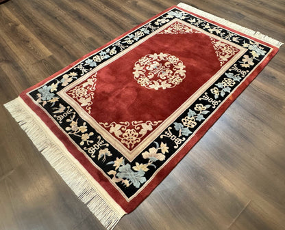 Chinese Wool Rug Handmade 4x6 Dark Red 90 Line Carving Hand Knotted