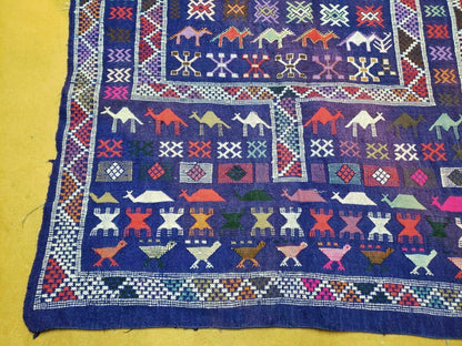 3' X 7' Vintage Handmade Indian Wool Kilim Flat weave Rug Camel Birds Blue Geometric Short Runner