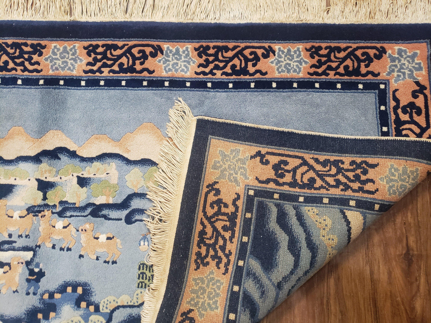 Chinese Pictorial Rug Hand Knotted Wool Vintage 28x55 Inches Teal And Blue Carpet Wall Tapestry