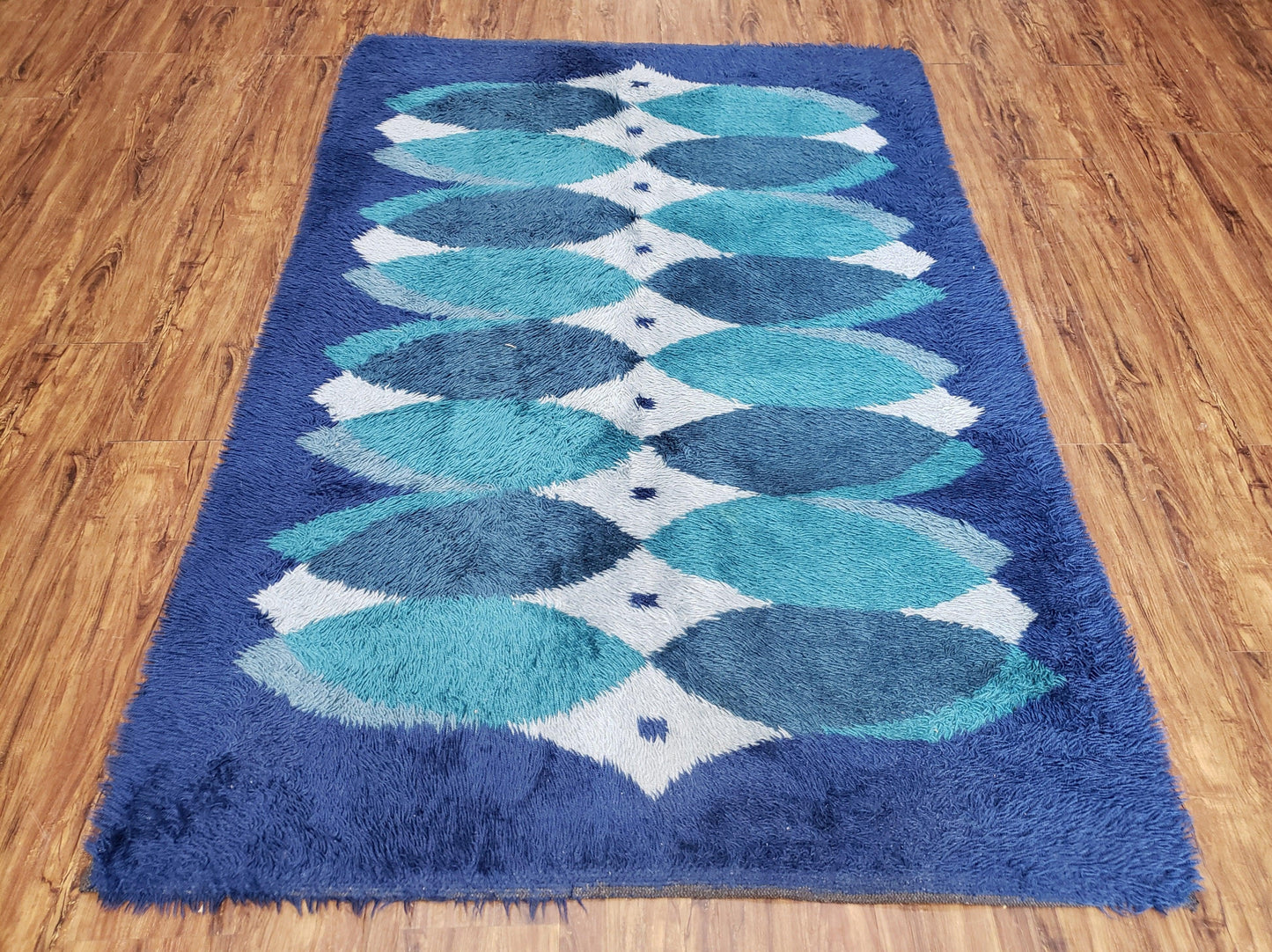Blue Rya Rug Mid Century Danish Shag Wool Abstract Modern Rug 4 Foot 6 Inch By 6 Foot 7 Inch