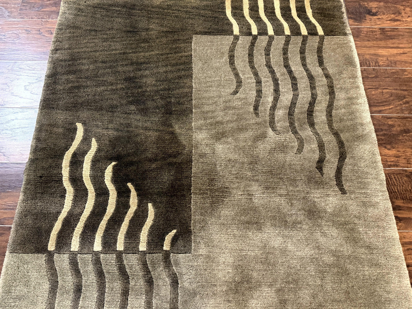 Modern Tibetan Wool Rug 3.6 x 5.6, Shades of Green, Abstract Design