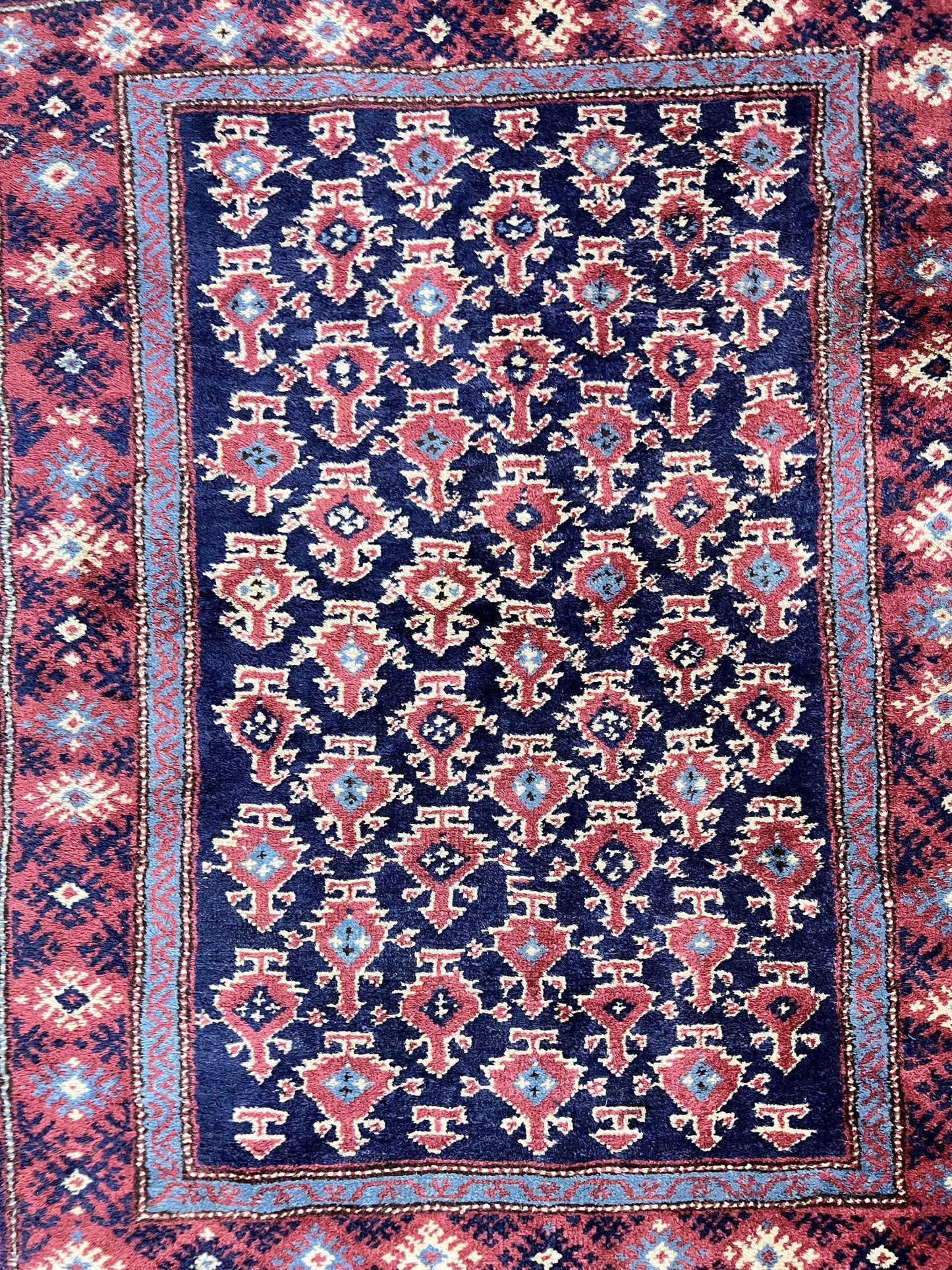 Turkish Sparta Rug 3x4, Allover Pattern, Navy Blue and Red, Antique Ispara Oriental Carpet 3 x 4, Small Turkish Handmade Vintage Wool Rug