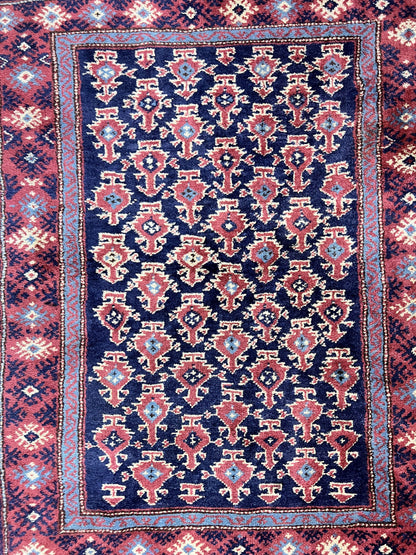 Turkish Sparta Rug 3x4, Allover Pattern, Navy Blue and Red, Antique Ispara Oriental Carpet 3 x 4, Small Turkish Handmade Vintage Wool Rug