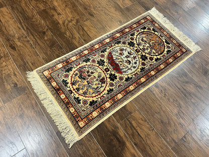 Silk Turkish Rug 2x4, Fine Handmade Oriental Rug, Animal Pictorial Birds Silk Pile on Silk Foundation Vintage Hand Knotted Hereke Carpet