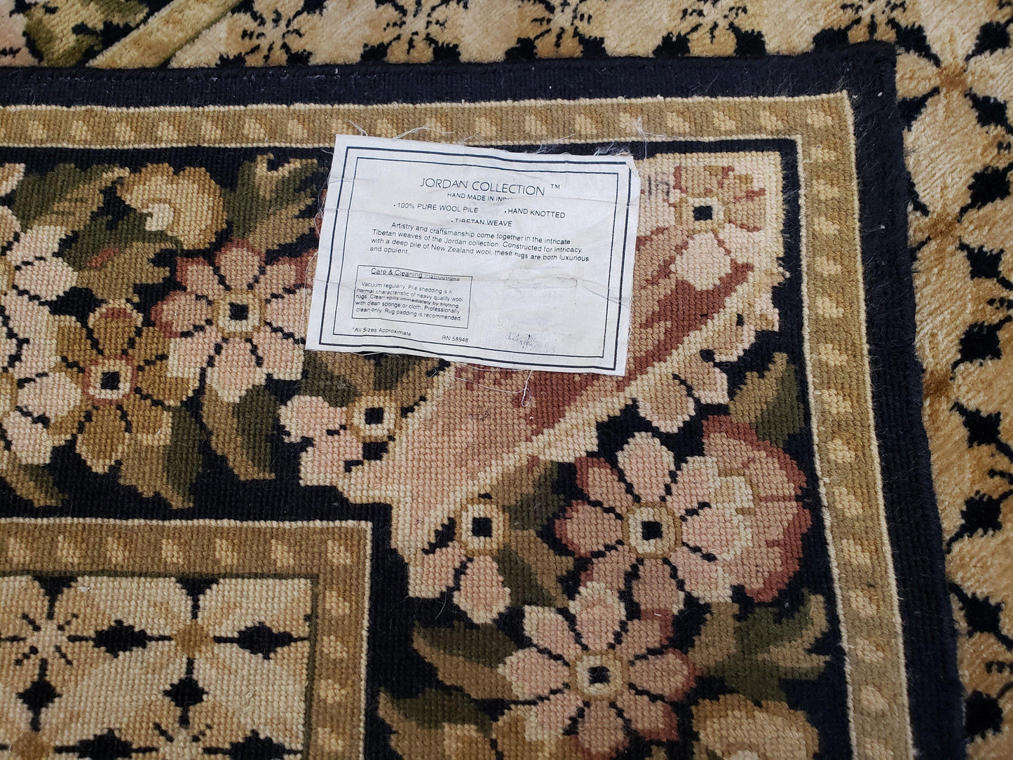 Indo Tibetan Wool Rug Handmade 6x8 Floral Border In Black Cream