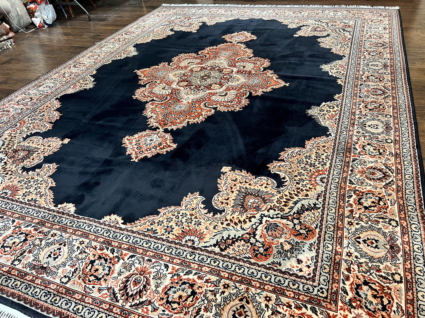 Karastan Rug 10x13, Karastan Ebony Kirman Rug, Room SIzed Wool Pile Vintage Karastan Carpet, Belgium Power Loomed Rug, Black Semi Open Field
