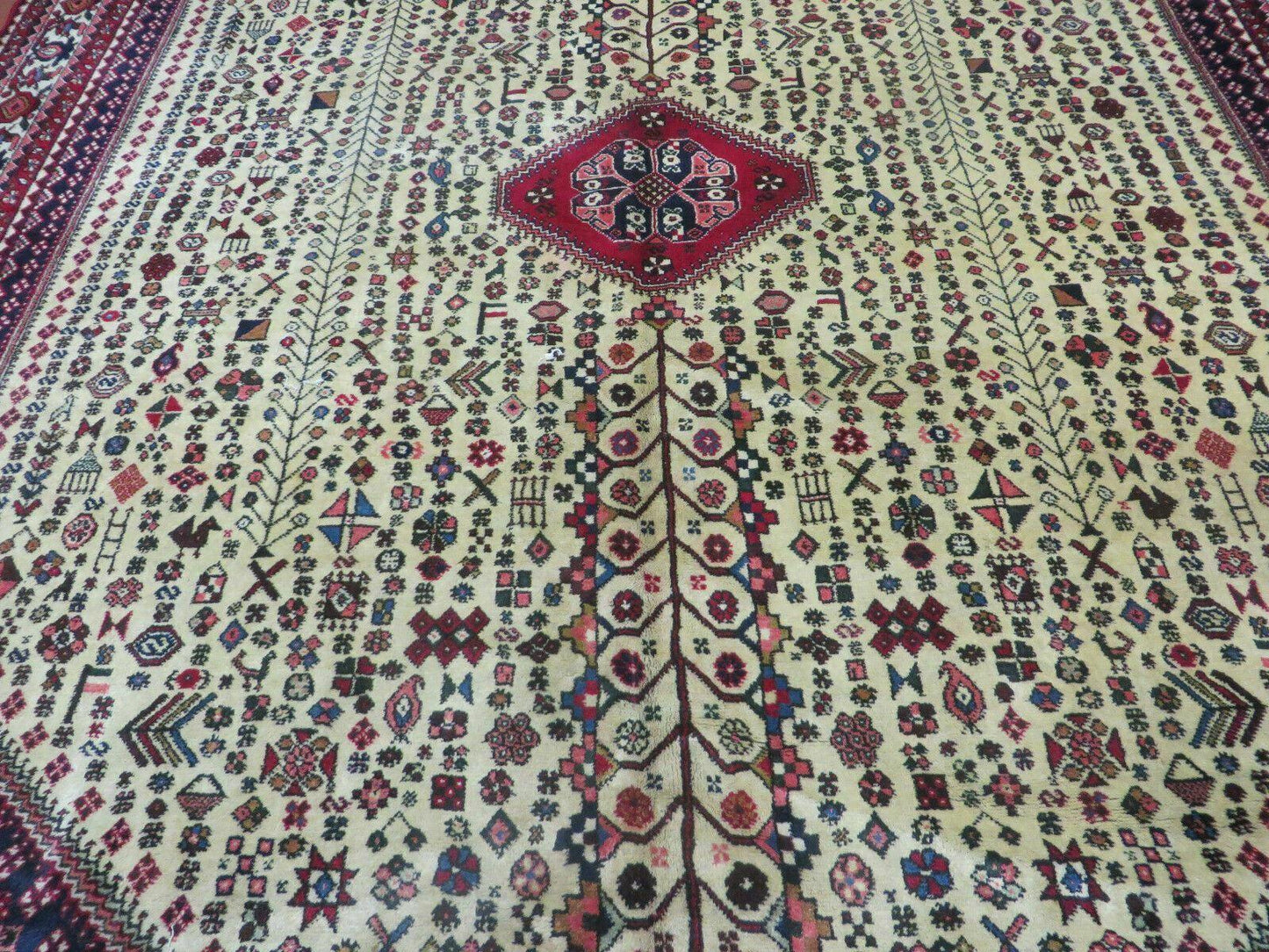Vintage Indian Floral Wool Rug Hand Knotted 7x10 Ivory Red