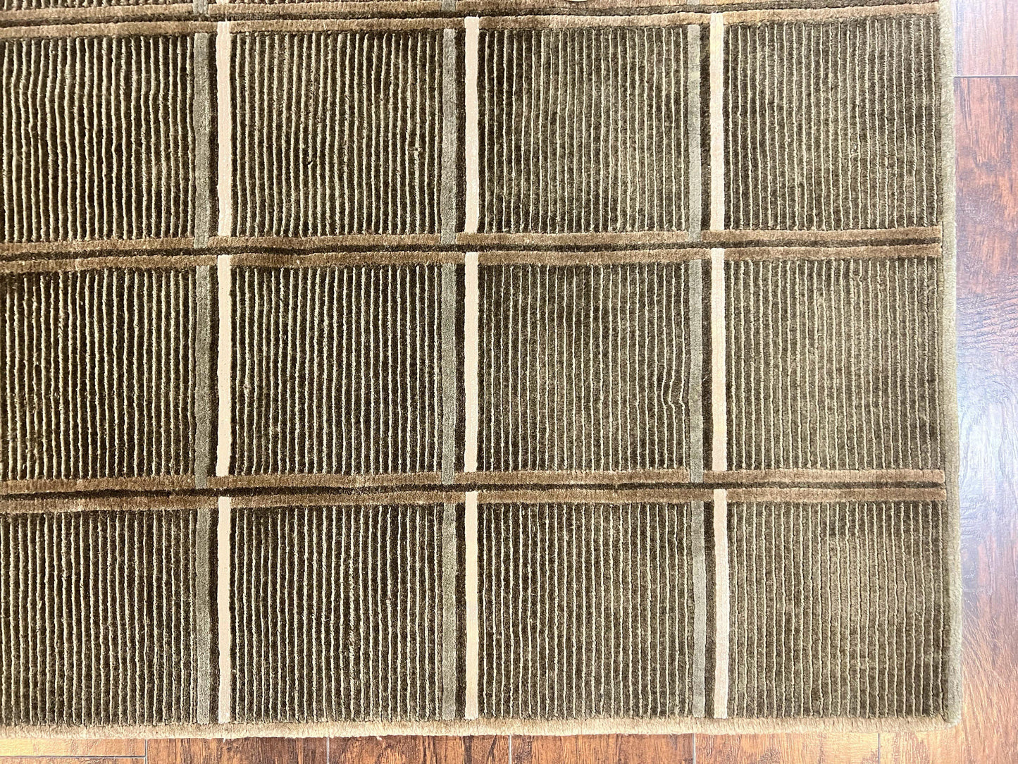 Tibetan Rug 4x6 Handmade Green Wool Area Rug With Panel Design Modern Contemporary