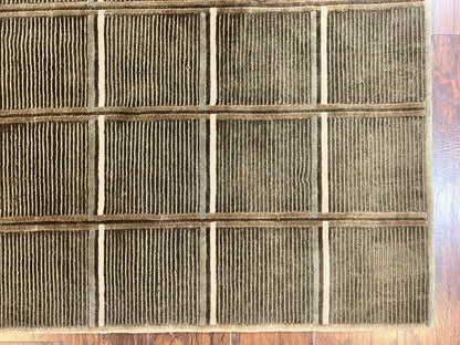 Tibetan Rug 4x6 Handmade Green Wool Area Rug With Panel Design Modern Contemporary