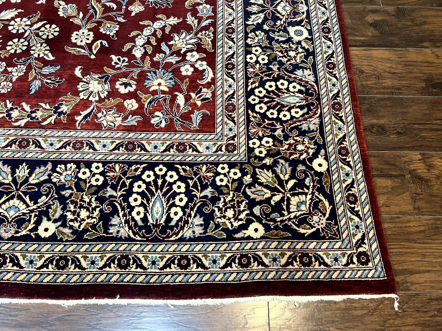 Indo Persian Sarouk Rug 9x12, Floral Allover, Dark Red & Navy Blue, Handmade Vintage Wool Carpet