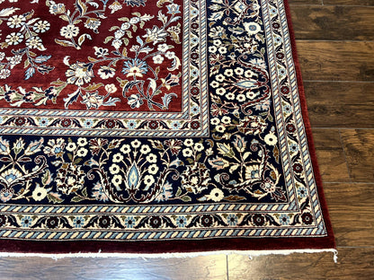 Indo Persian Sarouk Rug 9x12, Floral Allover, Dark Red & Navy Blue, Handmade Vintage Wool Carpet