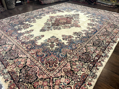 Persian Sarouk Rug 9x12 Ivory and Blue Hand Knotted Antique 1920s Semi Open Field Medallion