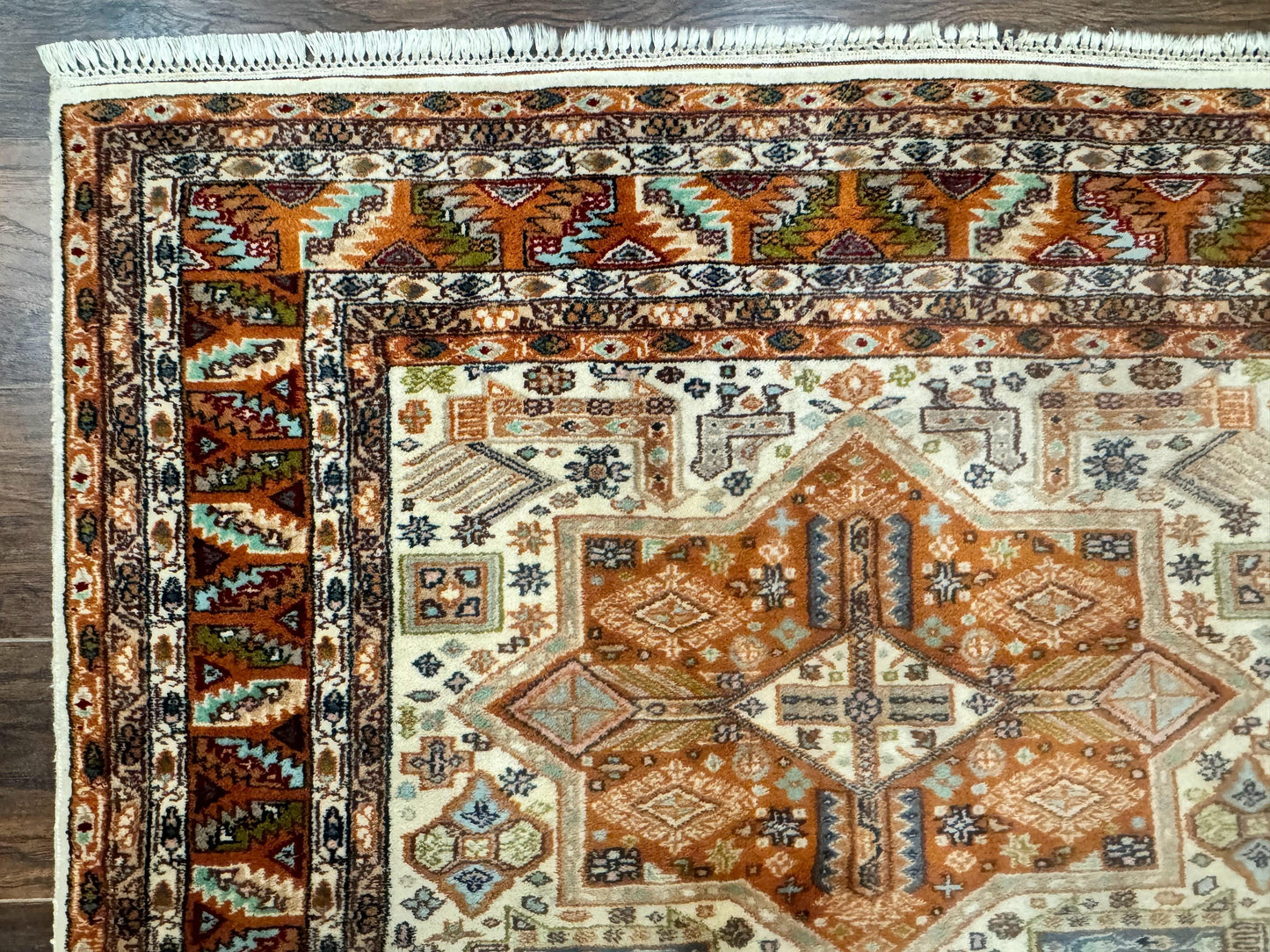 Turkish Kazak Rug 4x6 Geometric Medallions Vintage Hand Knotted Wool Carpet