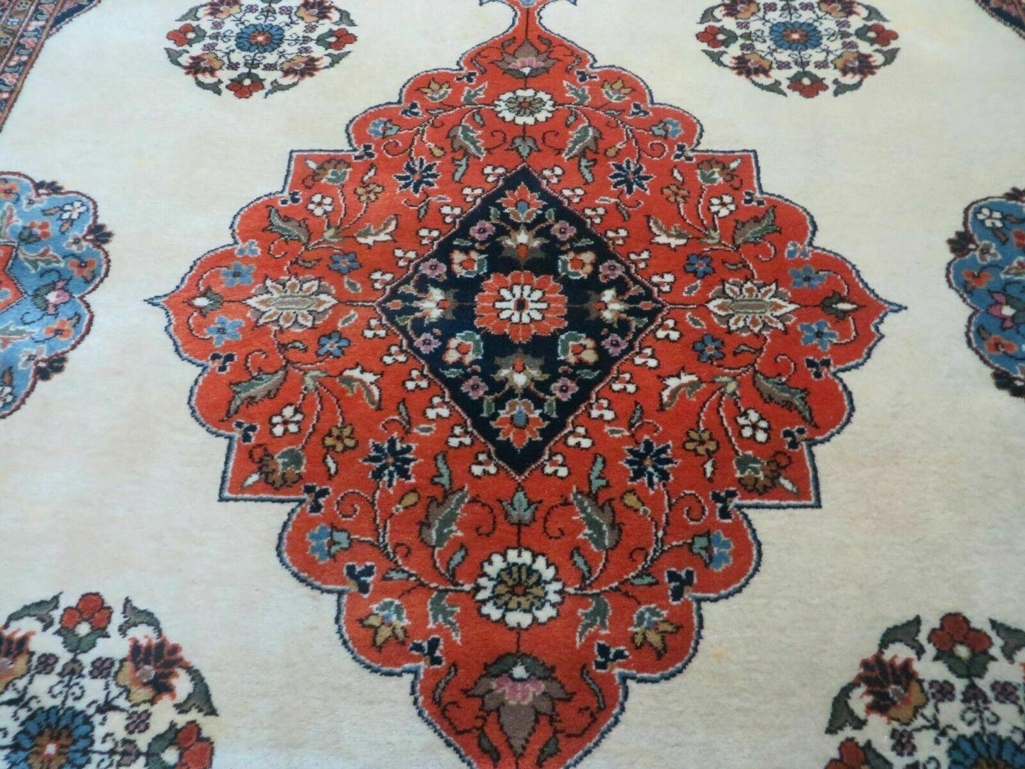 Indo Persian Rug 9x12 Hand Knotted Indian Oriental Wool Carpet Ivory Tomato Red Navy