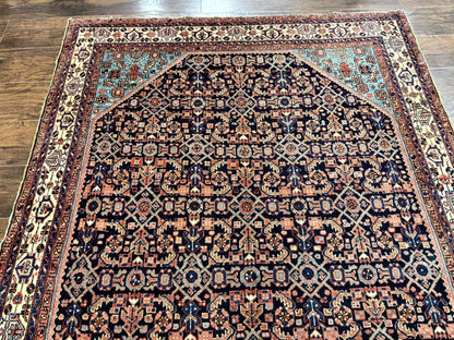 Antique Persian Rug Handmade Wool 5 by 6.7 Feet Navy Blue and Ivory Hamadan Angelas
