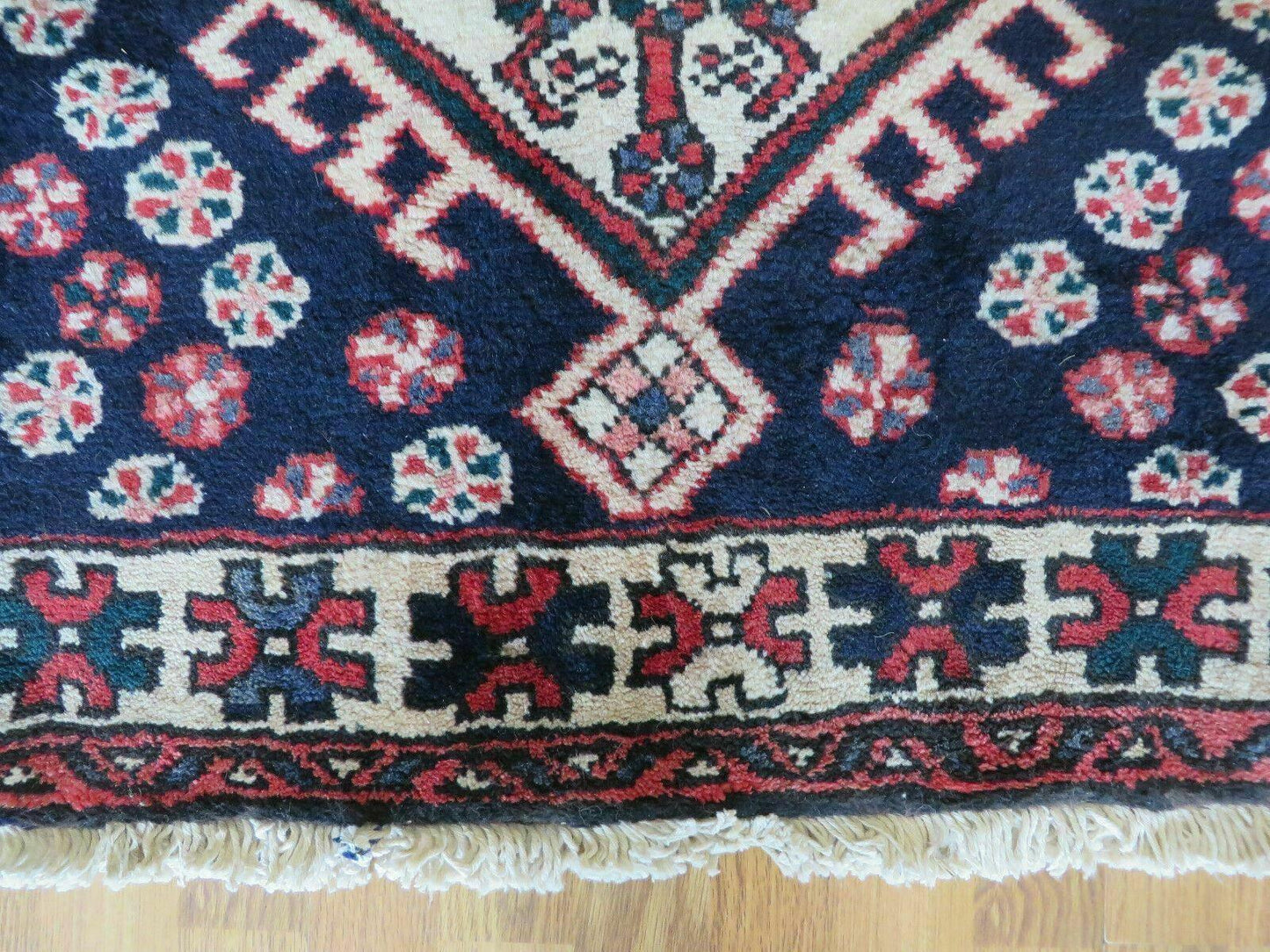 Persian Runner Rug 3.5 x 10.7, Karajeh Heriz Rug, Navy Blue, Geometric Medallions