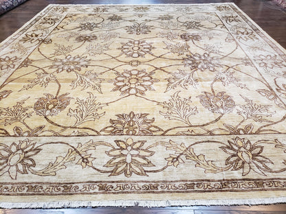 Oversized Peshawar Chobi Oushak Area Rug 11.6 x 12.5, Wool Hand-Knotted Light Gold & Ivory Decorative Pakistani Floral Carpet, 11x12 - 12x13