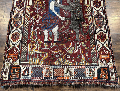 Persian Shiraz Pictorial Rug Antique Handmade Wool Lions Tribal Rug 3.6 by 5