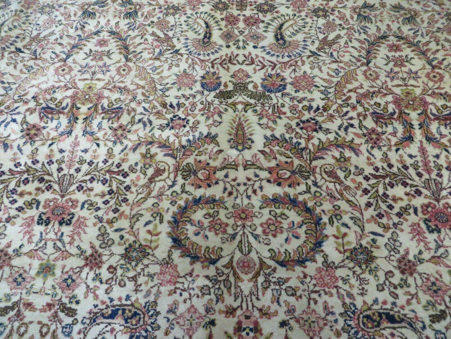 Persian Tabriz Rug 8x10, Antique Authentic Wool Oriental Carpet 8 x 10 ft, Bird Motifs Floral Boteh Paisleys, Cream Red Blue Vintage Handmade Rug