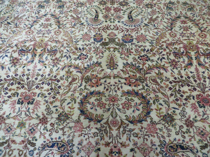 Persian Tabriz Rug 8x10, Antique Authentic Wool Oriental Carpet 8 x 10 ft, Bird Motifs Floral Boteh Paisleys, Cream Red Blue Vintage Handmade Rug